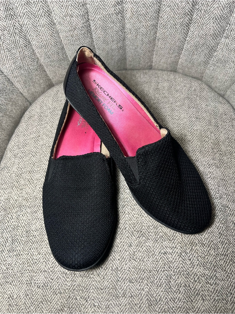 Skechers Black Knit Slip-On Flats with Pink Insole